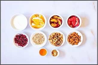 Bowls full of fruit and nuts